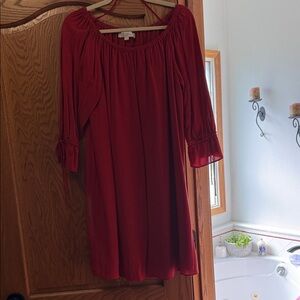 LOFT Burgundy Long-Sleeve Off-Shoulder Shift Dress